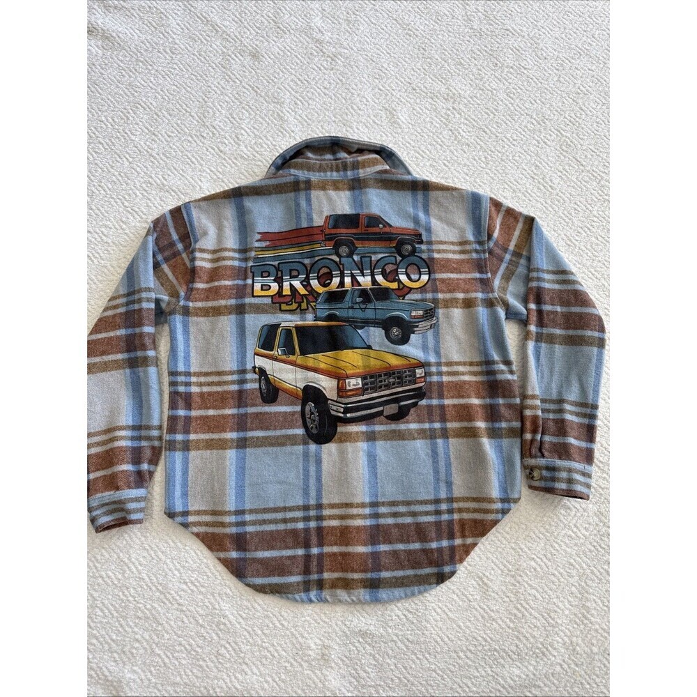 Ford Bronco Flannel Shirt Women’s S/M Blue Plaid Western Oversized Shacket